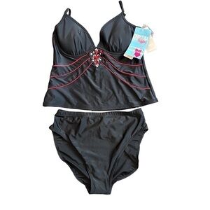 Christina Tankini Swimwear Bust Enhancer Black & Red Two Piece Swimsuit Sz. 12